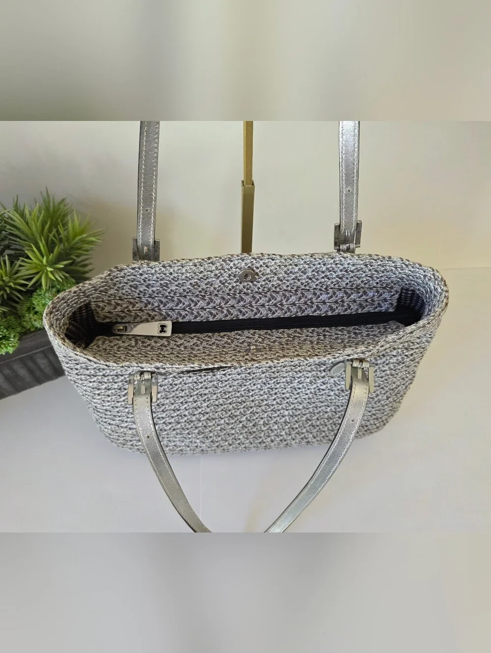 Eric Javitz Silver Metallic Woven Tote Bag Sustainable Recycled Fiber